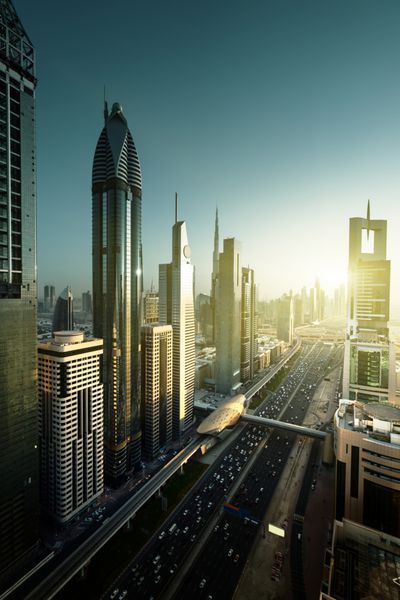دبی افق در زمان غروب آفتاب امارات متحده عربی