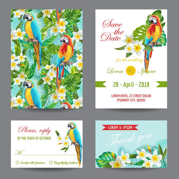 دعوت نامه یا کارت پستال مجموعه پرندگان گرمسیری و طراحی گل