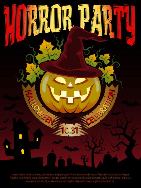 پوستر برای پارتی هالووین با کدو تنبل در کلاه شعبده باز