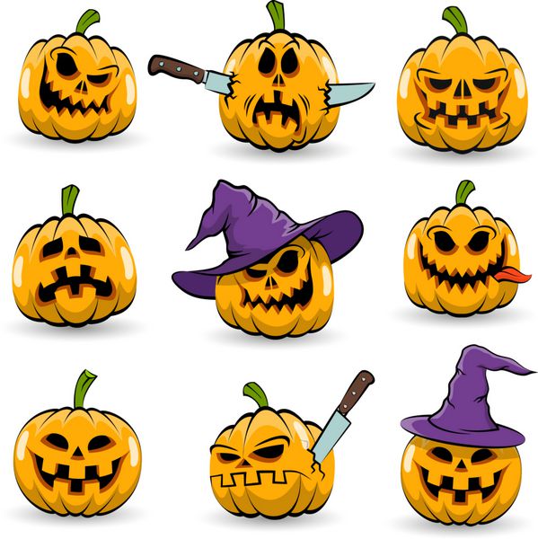 رنگ کدو تنبل هالووین با احساسات مختلف در ساحره کلاه و بدون جدا شده تصویر بردار