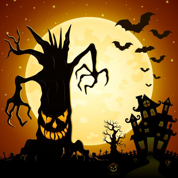 هالووین پس زمینه هیولا ترسناک درختان در گورستان با قلعه و ماه کامل