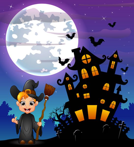 زمينه شب هالووین با ساحره پسر کوچک broomstick و ترسناک قلعه در گورستان