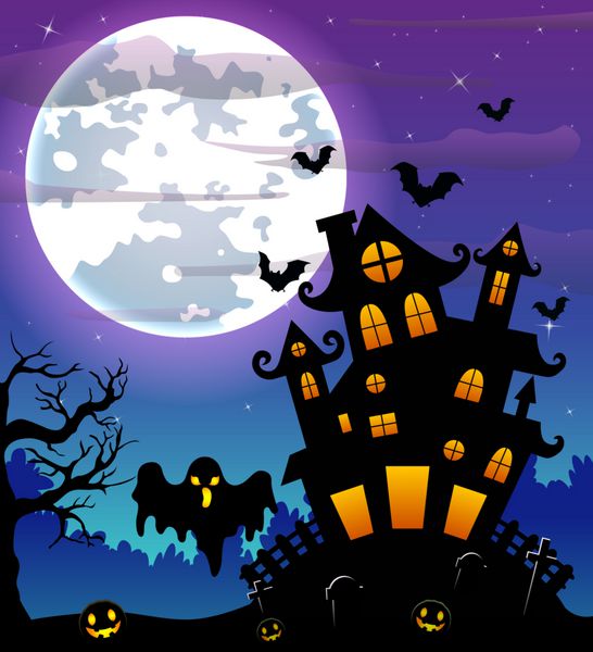 زمينه شب هالووین با شبح سیاه و کدو تنبل و ترسناک قلعه در گورستان