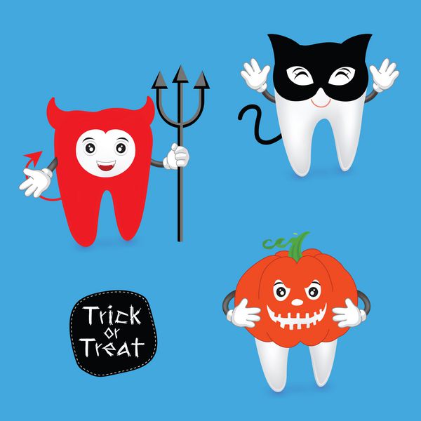 مفهوم هالووین از دندان ها مجموعه تصویر دندان خنده دار شیطان گربه سیاه و کدو تنبل در پس زمینه آبی جدا شده است
