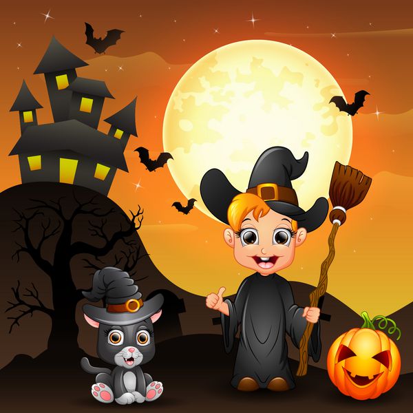 پس زمینه هالووین با کدو تنبل و بچه گربه جادوگر و جادوگر پسر برگزاری broomstick