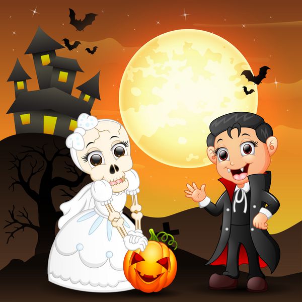 پس زمینه هالووین با جمجمه زن عروس کدو و پسر کوچک دراکولا