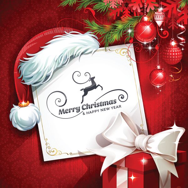 کارت پستال کریسمس با کلاه بابا نوئل زیور آلات گوزن شمالی و تصویر برداری مدرن عناصر طراحی خوشنویسی و تایپوگرافی