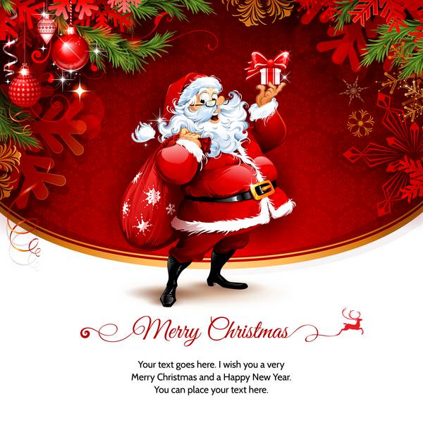 طراحی کارت پستال کریسمس با بابا نوئل برگزاری یک هدیه تصویر یکپارچهسازی با سیستمعامل با baubles snowflakes و فضای کپی برای متن