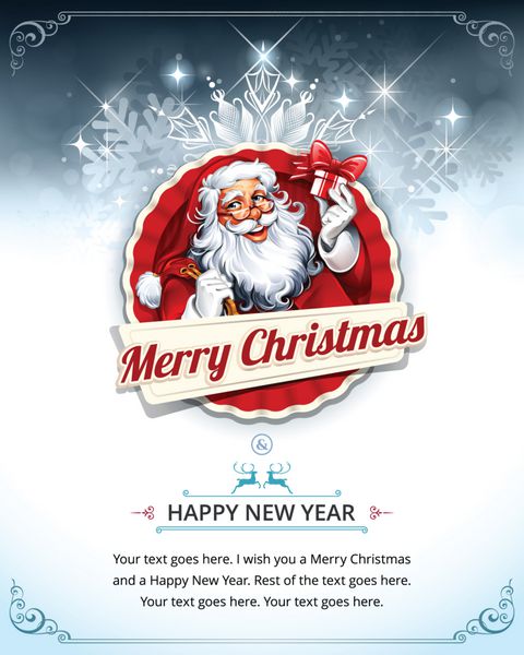 طراحی کارت پستال کریسمس با بابا نوئل با حال و reindeers تصویر یکپارچهسازی با سیستمعامل با فضای کپی برای متن