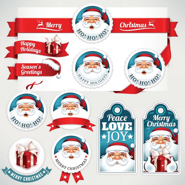 برچسب های کریسمس مدالها و آگهی ها با بابا نوئل در حال حاضر کلاه و تصاویر النگو در سبک یکپارچهسازی با سیستمعامل مجموعه ای از عناصر طراحی تزئینی و خوشنویسی