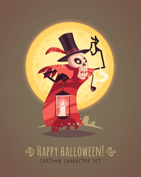اسکلت در کلاه با لامپ شمع مفهوم شخصیت کارتونی هالووین تصویر برداری