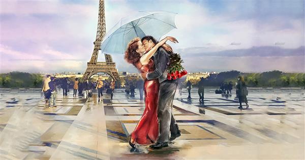 تابلوی نقاشی رنگ و روغن بوسه عاشقانه در کنار برج ایفل