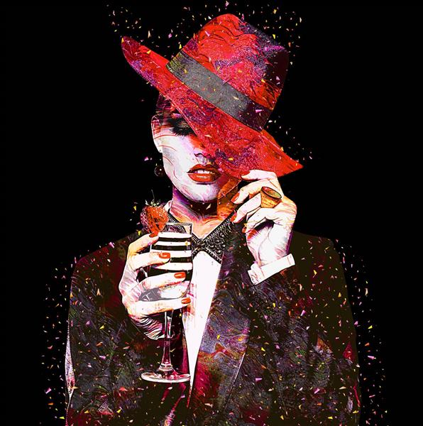 تابلوی هنری از زنی با نوشیدنی و کلاه قرمز