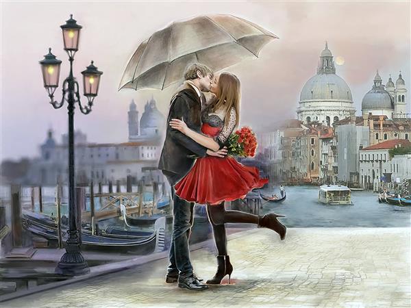تابلوی نقاشی رنگ و روغن بوسه عشق در کنار کلیسای سنت مارکو در ونیز