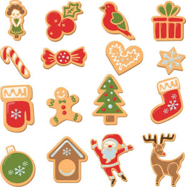 کوکی های کریسمس تنظیم شده است کوکی های زنجبیل جدا شده با دکوراسیون بر روی زمینه سفید هدیه تعطیلات شیرین و خوشمزه سانتا درخت کریسمس گوزن اسباب بازی و غیره