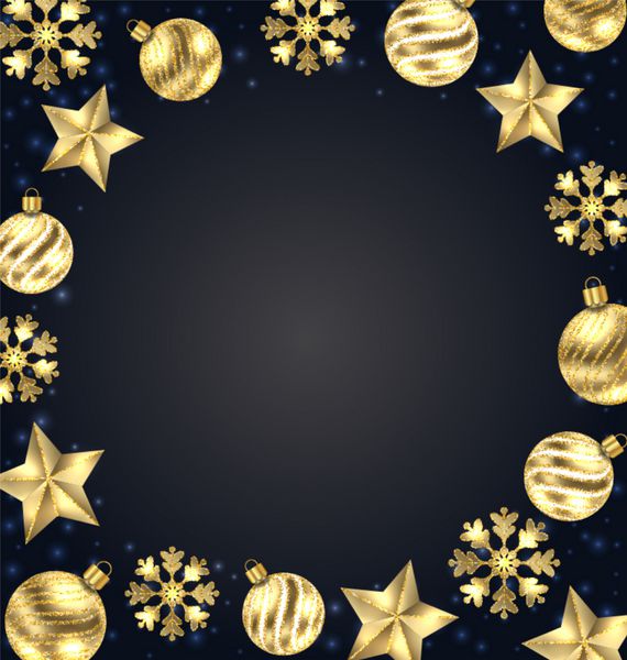 قاب کریسمس از توپ های طلایی ستاره ها برف ها