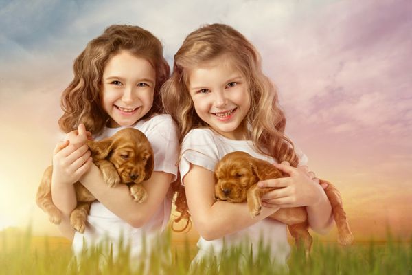 ناز دو دختر کوچک با توله سگ قرمز در فضای باز دوستدار حیوانات خانگی حیوانات خانگی