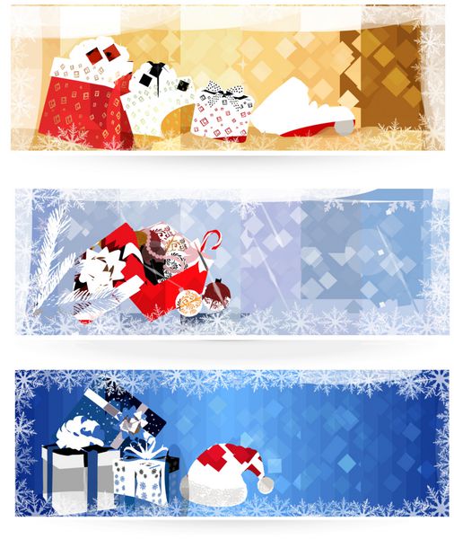سه آگهی کریسمس با جعبه های هدیه و برف بردار i