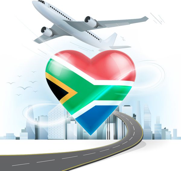 مفهوم سفر و حمل و نقل با پرچم آفریقای جنوبی در قلب