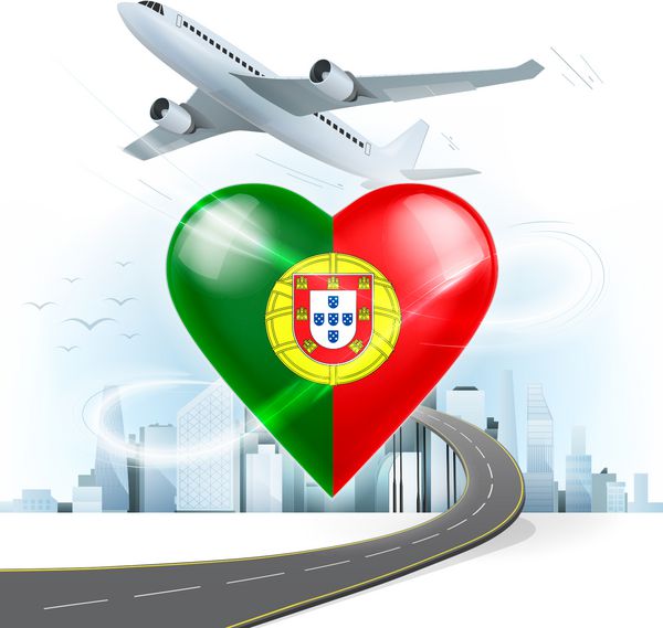 مفهوم سفر و حمل و نقل با پرچم پرتغال در قلب