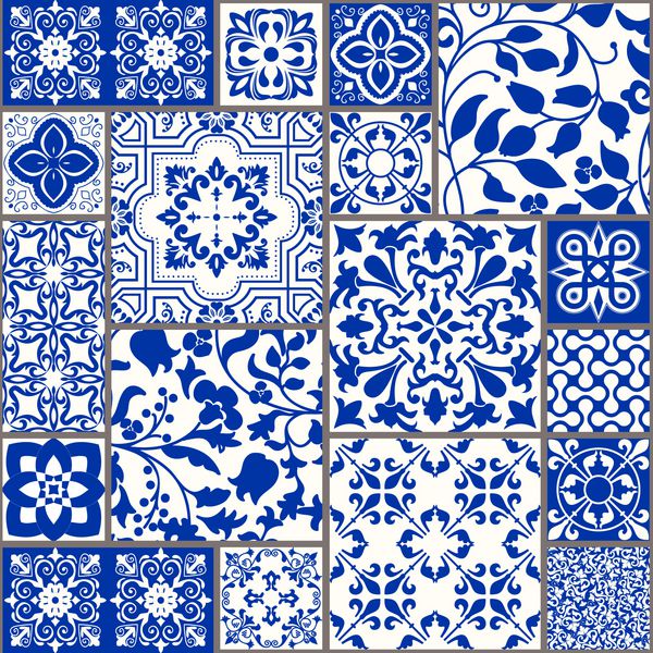 کاشی بدون درز پچکور با انگیزه ویکتوریا کاشی سفال Majolica azulejo آبی و سفید دکوراسیون اصلی سنتی پرتغالی و اسپانیا بردار