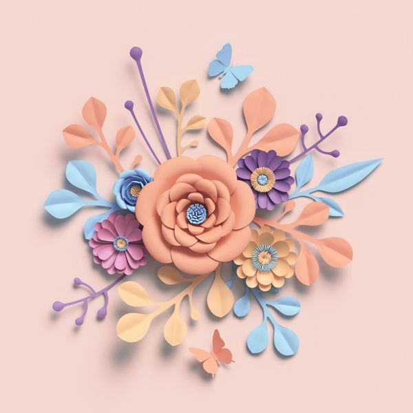 اجرای سه بعدی کاغذ گل پالت نقاشی با مداد رنگی رنگ پس زمینه گیاه شناسی جدا شده قطعه هنری دور دسته گل آرایش گل