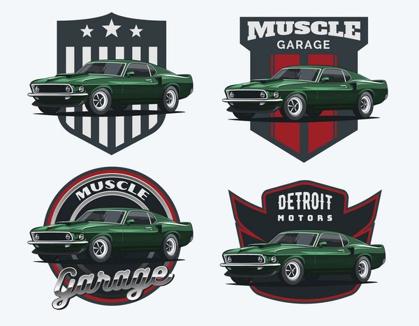مجموعه ای از ماشین عضلانی نشانها و مدالها ماشین های کلاسیک الگوی تی شرت ماشین های آمریکایی قدیمی از دهه 60
