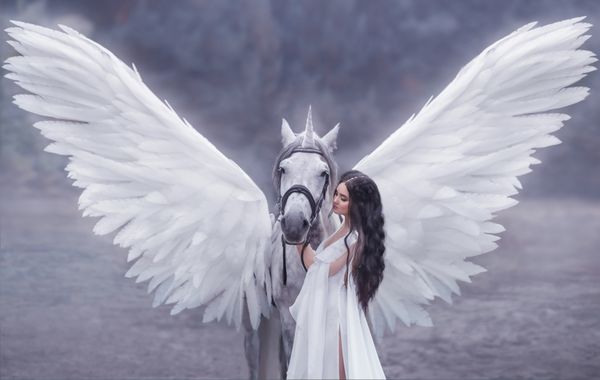 جلف زیبا جوان با راه رفتن با یک اسب شاخدار او نور نور باور نکردنی لباس سفید پوشانده است هنر هراچراسیون