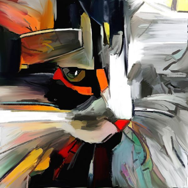 صورت گربه در سبک معاصر هنر انتزاعی نقاشی در رنگ روغن روی بوم با عناصر نقاشی با مداد رنگی نقاشی اعدام شده است