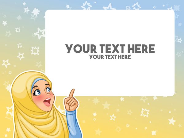 پوشیدن روسری حجاب زن مسلمان هیجان انگشت اشاره تا در طراحی شخصیت کارتون copyspace خالی در برابر پس زمینه آبی زرد تصویر بردار