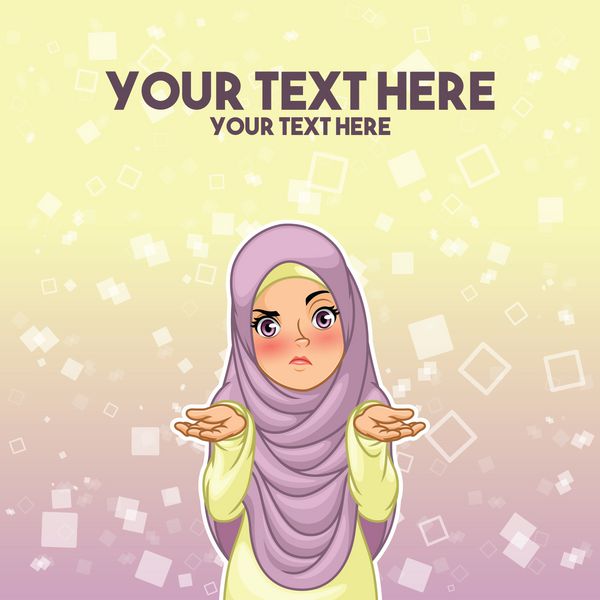زن مسلمان پوشیدن حجاب دستکش با شلاق زدن شانه های خود را با بازو از طراحی شخصیت کارتونی در برابر پس زمینه بنفش زرد گفتن بنابراین چه من نمی دانم که مراقبت و غیره تصویر برداری بردار
