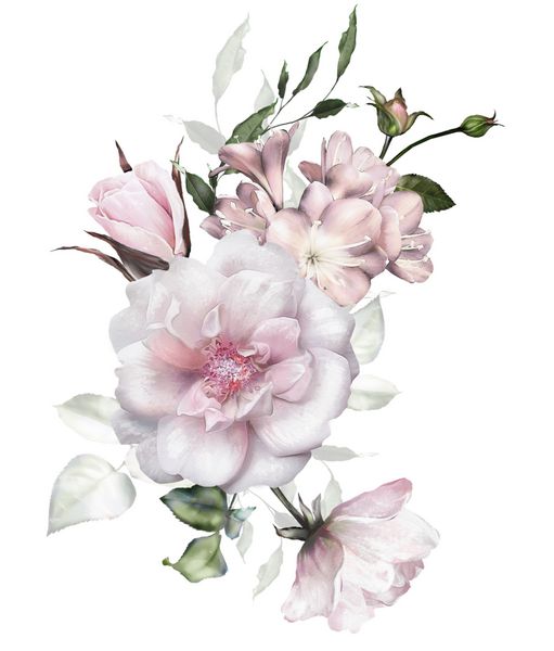 گل های آبرنگ تصویر گل برگ و جوانه ترکیب گیاهی برای عروسی و یا کارت تبریک شاخه گل گل رز عاشقانه