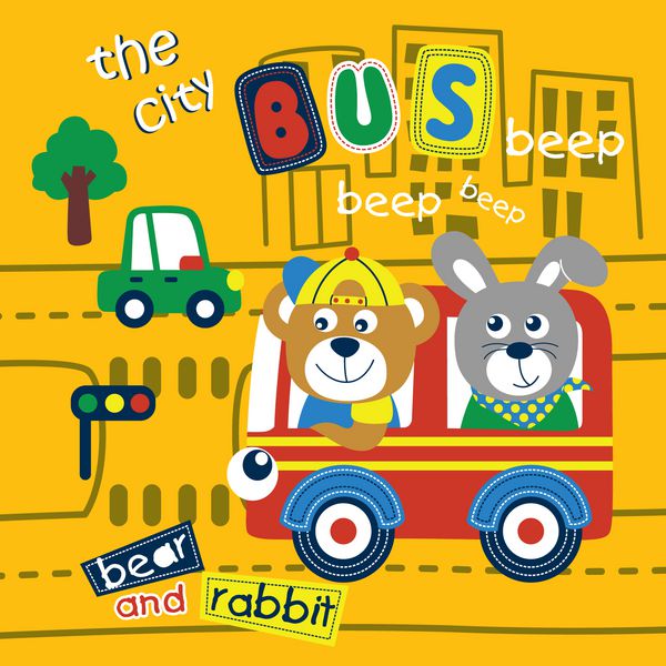 اتوبوس های حیوانات در شهر کارتونی خنده دار تصویر بردار