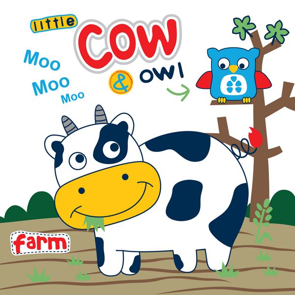 گاو و جغد در مزرعه کارتونی خنده دار حیوانات تصویر بردار