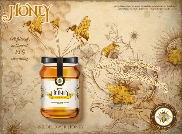 Wildflower عسل تبلیغات زنبورها حمل شیشه ای در تصویر 3d باغ گل یکپارچهسازی با سیستمعامل و زنبور در سبک سایه تون بژ اچ زمينه