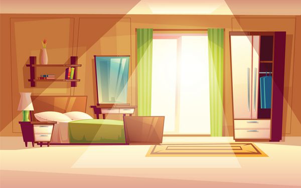 وکتور تصویر سازی کارتون دنج اتاق خواب های مدرن اتاق با تخت دو قفسه کمد پنجره کمد فرش داخل کشور پس زمینه رنگی مفهوم آپارتمان با مبلمان