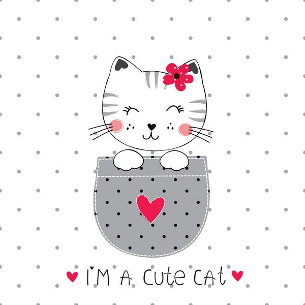 تصویر برداری با گربه ناز در جیب برای دوش کودک کارت تبریک طراحی تی شرت