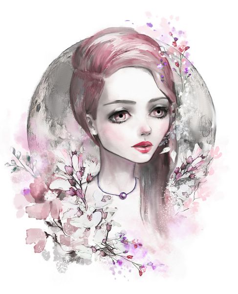 عکس زن زیبا با موهای صورتی گلهای زمختی و ماه نقاشی آبرنگ چلپ چلوپ رنگ تصویر با عناصر گیاهی برگ گل مد چاپ فانتزی
