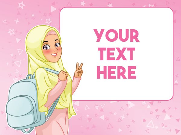 زن مسلمان جوان دانشجویی شاد نگه داشتن کوله پشتی و نمایش ژست صلح کارتون طراحی شخصیت در برابر پس زمینه صورتی تصویر بردار
