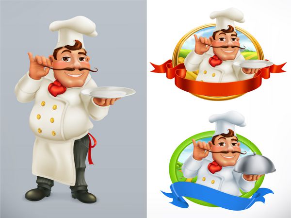 آشپز و سرآشپز شخصیت و برچسب مجموعه آیکون بردار 3d