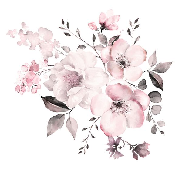 گل تزئینی آبرنگ تصویر گل و برگ و جوانه ترکیب گیاهی برای عروسی یا کارت پستال شاخه گل رز انتزاع عاشقانه