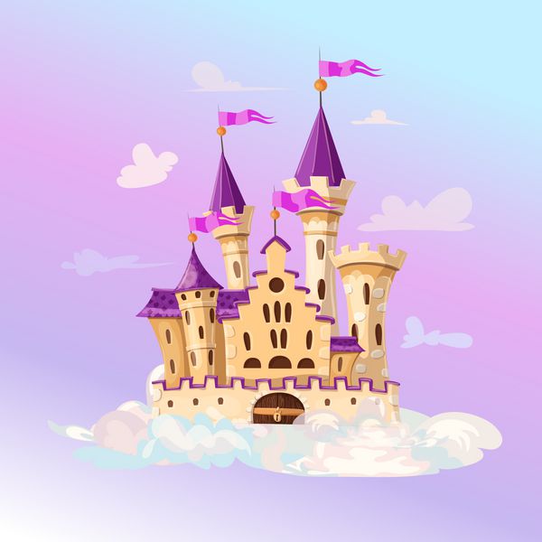 قلعه کارتون پری قلعه کارتون زیبا جزیره پرواز با کاخ افسانه در ابرها فانتزی تصویر بردار