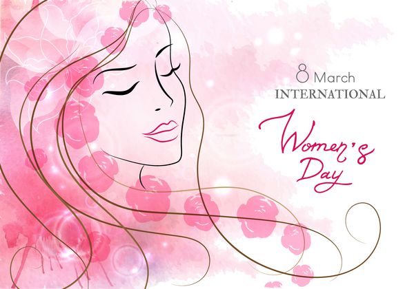 زن زیبا با گل آب رنگ صورتی پس زمینه مادر ثانیه روز 8 مارس زیبایی سبک