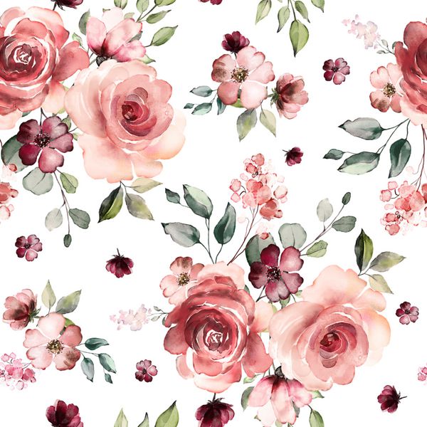 الگوی بدون درز با گل و برگ های بهار پس زمینه دست کشیده شده الگوی گلدار برای کاغذ دیواری یا پارچه گل رز کاشی گیاهی