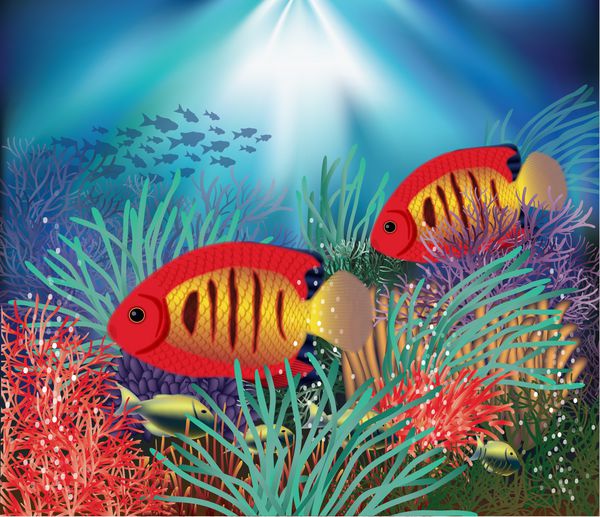 تصویر زمینه زیر آب با ماهی های گرمسیری تصویر برداری