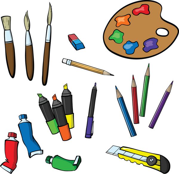 مجموعه ای از اقلام متنوع برای نقاشی مداد پاک کن چاقوی لوازم التحریر نشانگرها برس ها رنگ ها و پالت نشان داده شده در پس زمینه سفید گرافیک برداری