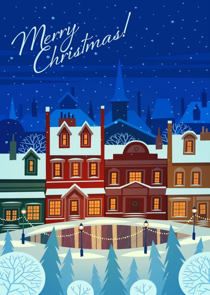 شهر برفی کوچک در حراج تعطیلات کارت پستال کارت پستال کریسمس تصویر برداری