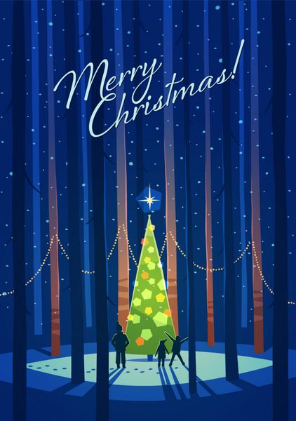 درخت کریسمس در جنگل پوستر پس زمینه کارت تبریک تصویر برداری