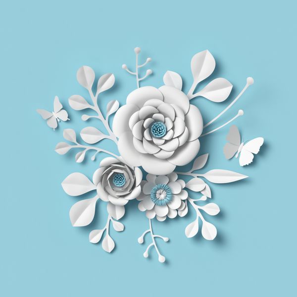رندر 3D گل کاغذ مقاله سفید در پس زمینه آبی جدا شده از هنر انتزاعی گیاه شناسی دسته گل عروسی دور دکوراسیون دیواری عروسی طراحی گل