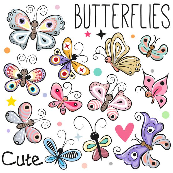مجموعه ای از کارتون زیبا پروانه ها جدا شده بر روی زمینه سفید
